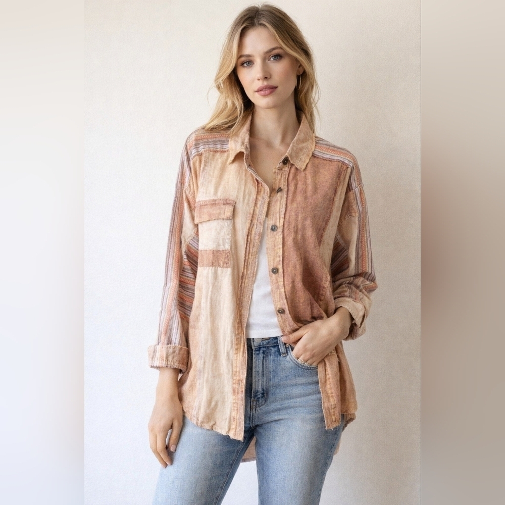 Oli & Hali Southwest Mixed Print Button Up Boho Shirt